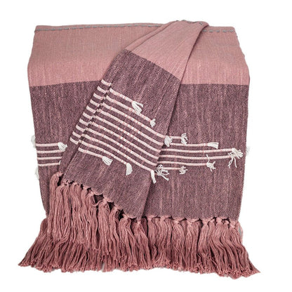 50" X 60" Pink Woven Cotton Striped Throw Blanket with Tassels and Embroidery HomeRoots