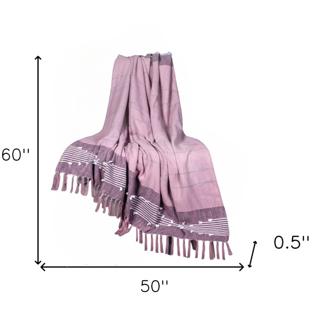 50" X 60" Pink Woven Cotton Striped Throw Blanket with Tassels and Embroidery HomeRoots