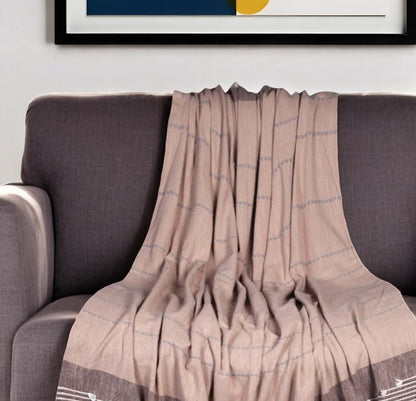 50" X 60" Taupe and Gray Woven Cotton Striped Throw Blanket with Fringe HomeRoots