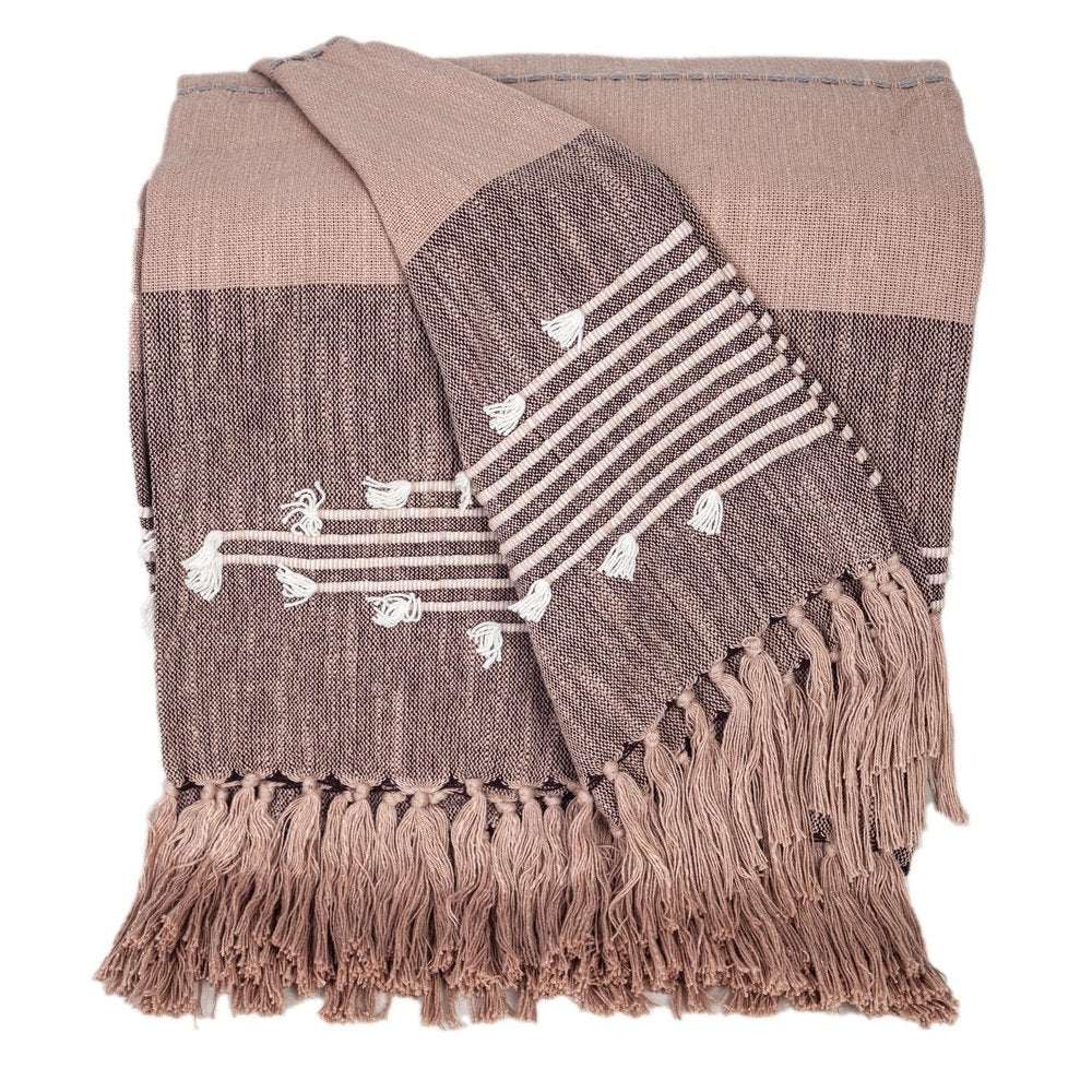 50" X 60" Taupe and Gray Woven Cotton Striped Throw Blanket with Fringe HomeRoots