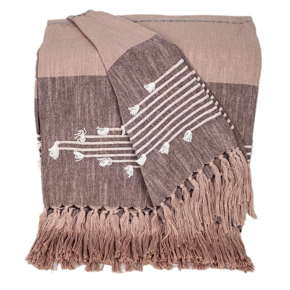 50" X 60" Taupe and Gray Woven Cotton Striped Throw Blanket with Fringe HomeRoots
