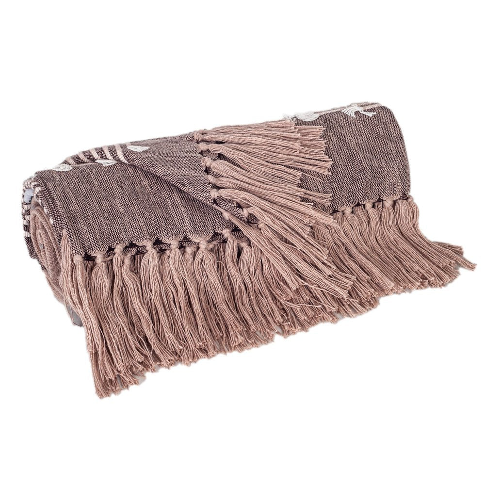 50" X 60" Taupe and Gray Woven Cotton Striped Throw Blanket with Fringe HomeRoots
