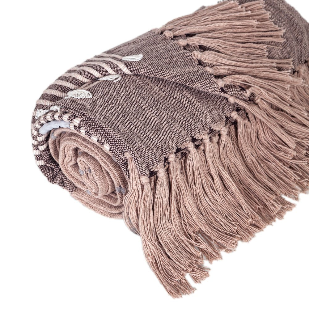 50" X 60" Taupe and Gray Woven Cotton Striped Throw Blanket with Fringe HomeRoots