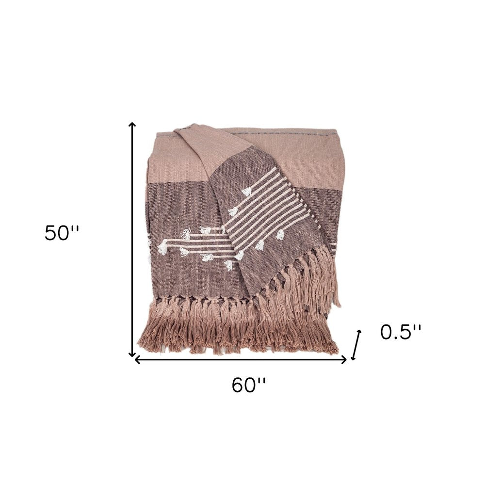 50" X 60" Taupe and Gray Woven Cotton Striped Throw Blanket with Fringe HomeRoots