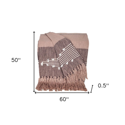 50" X 60" Taupe and Gray Woven Cotton Striped Throw Blanket with Fringe HomeRoots