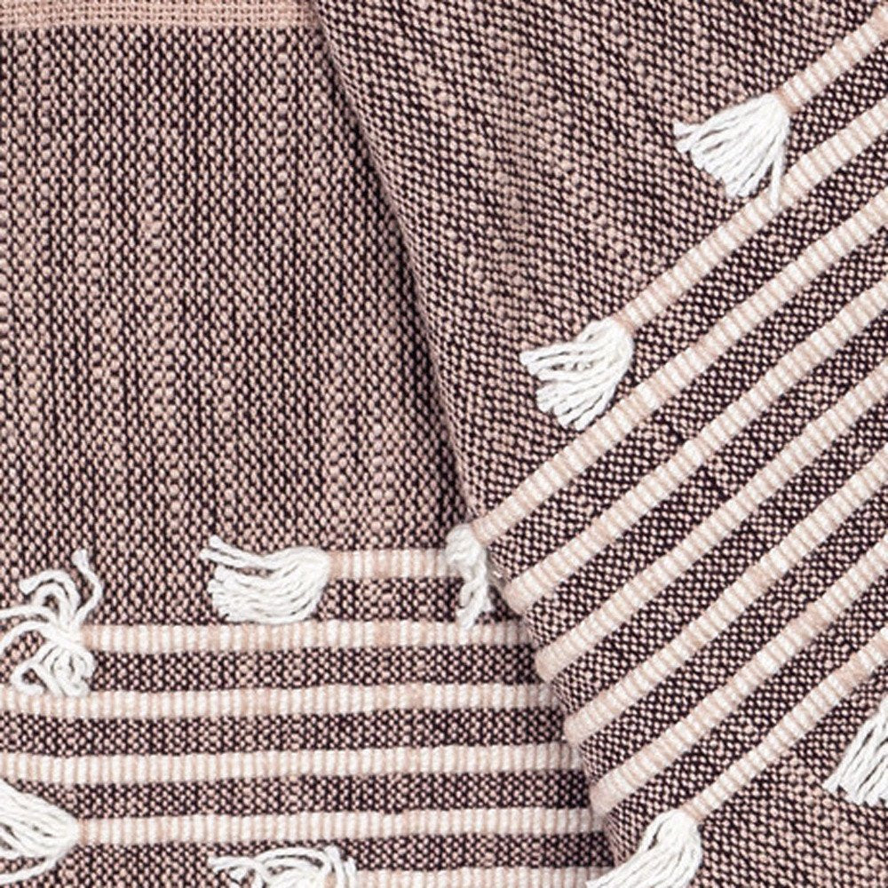 50" X 60" Taupe and Gray Woven Cotton Striped Throw Blanket with Fringe HomeRoots