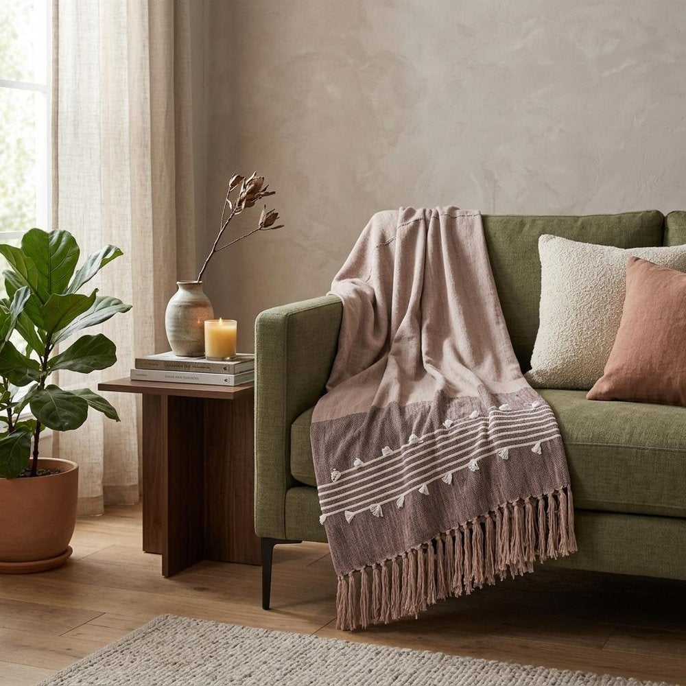 50" X 60" Taupe and Gray Woven Cotton Striped Throw Blanket with Fringe HomeRoots