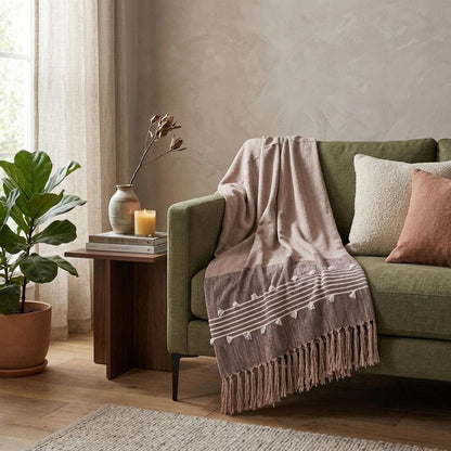 50" X 60" Taupe and Gray Woven Cotton Striped Throw Blanket with Fringe HomeRoots