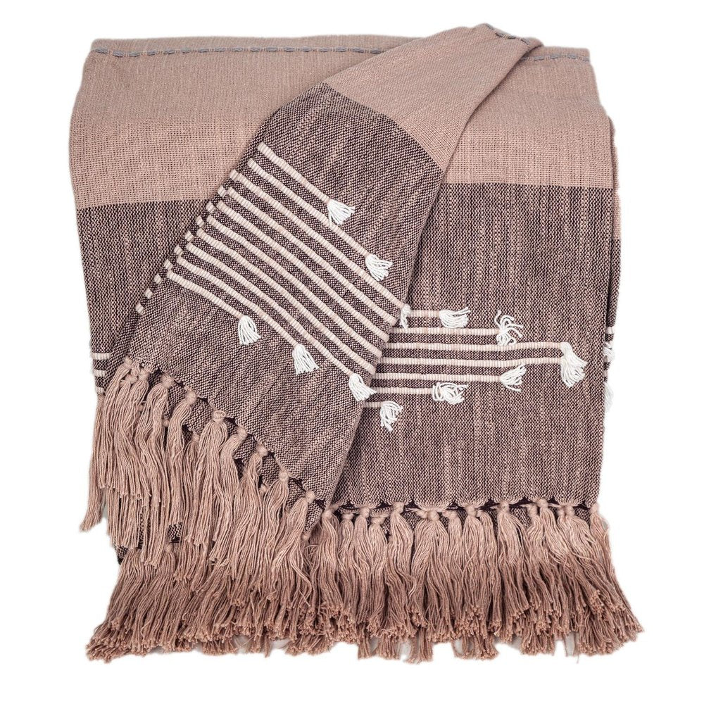 50" X 60" Taupe and Gray Woven Cotton Striped Throw Blanket with Fringe HomeRoots