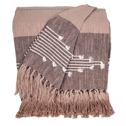 50" X 60" Taupe and Gray Woven Cotton Striped Throw Blanket with Fringe HomeRoots