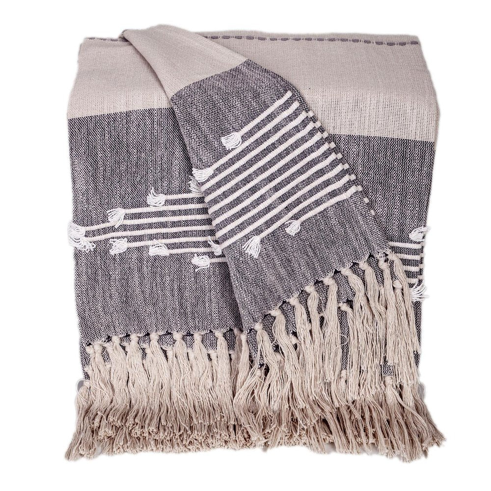 50" X 60" Ivory and Gray Woven Cotton Striped Throw Blanket with Fringe and Embroidery HomeRoots