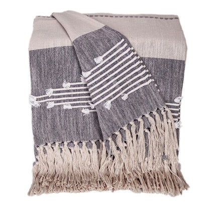 50" X 60" Ivory and Gray Woven Cotton Striped Throw Blanket with Fringe and Embroidery HomeRoots