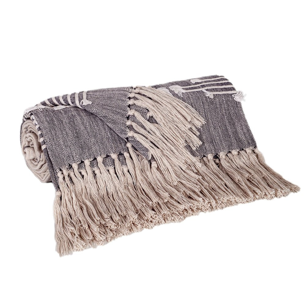 50" X 60" Ivory and Gray Woven Cotton Striped Throw Blanket with Fringe and Embroidery HomeRoots