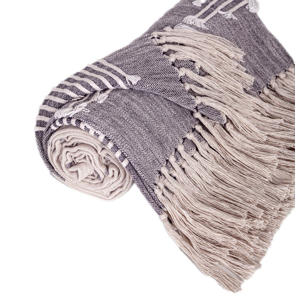 50" X 60" Ivory and Gray Woven Cotton Striped Throw Blanket with Fringe and Embroidery HomeRoots
