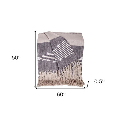 50" X 60" Ivory and Gray Woven Cotton Striped Throw Blanket with Fringe and Embroidery HomeRoots