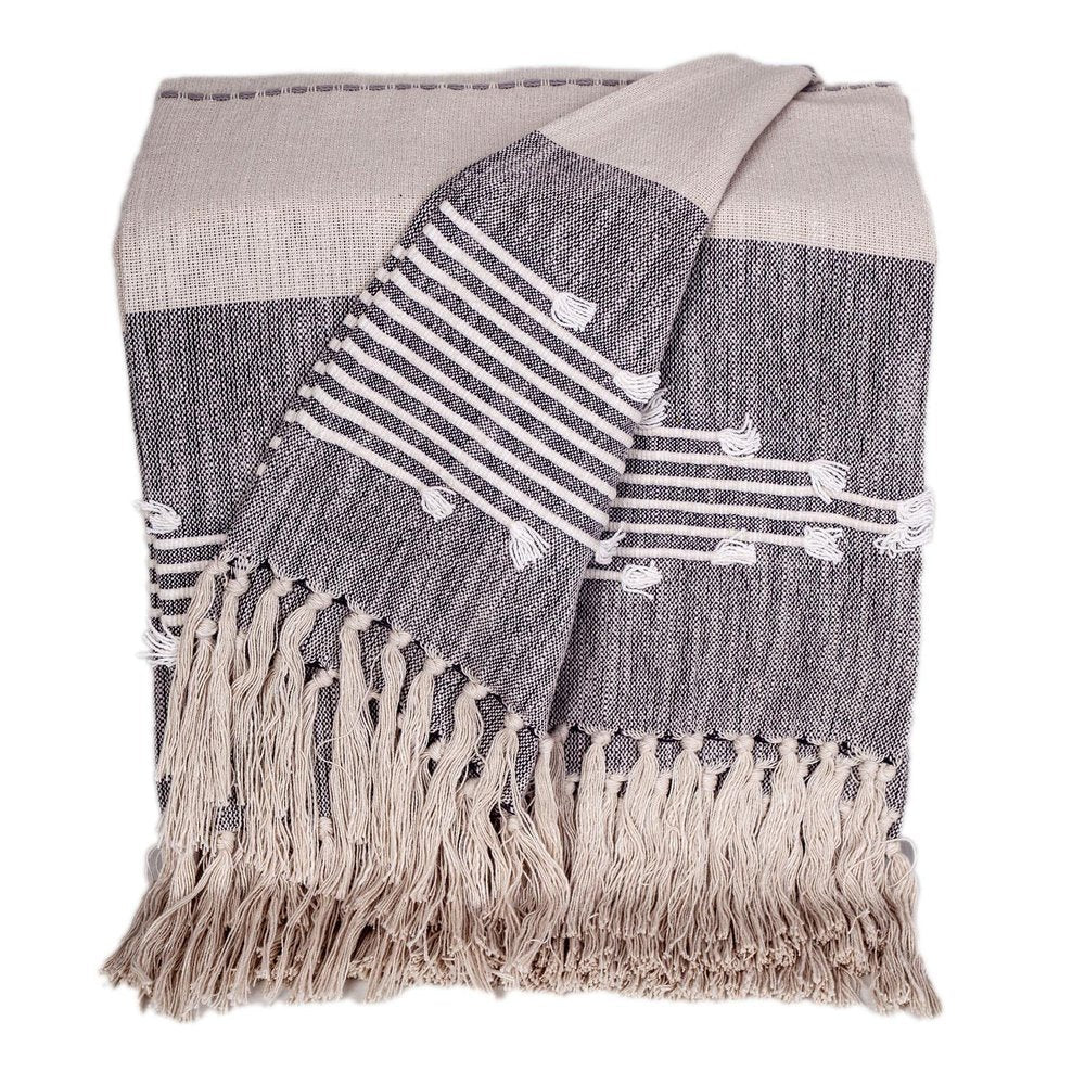 50" X 60" Ivory and Gray Woven Cotton Striped Throw Blanket with Fringe and Embroidery HomeRoots