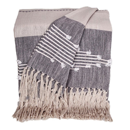 50" X 60" Ivory and Gray Woven Cotton Striped Throw Blanket with Fringe and Embroidery HomeRoots