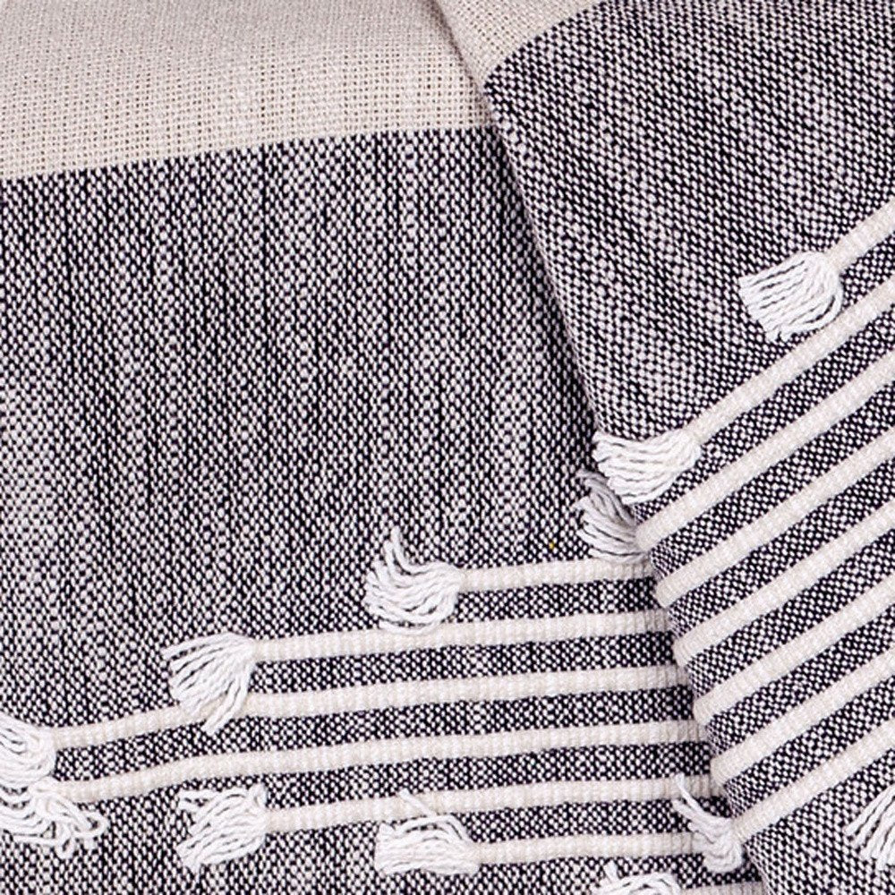 50" X 60" Ivory and Gray Woven Cotton Striped Throw Blanket with Fringe and Embroidery HomeRoots