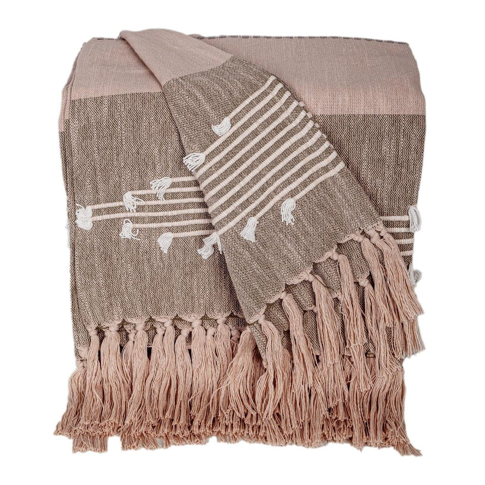 50" X 60" Brown and Tan Woven Cotton Striped Throw Blanket with Fringe and Embroidery HomeRoots