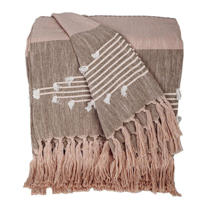 50" X 60" Brown and Tan Woven Cotton Striped Throw Blanket with Fringe and Embroidery HomeRoots