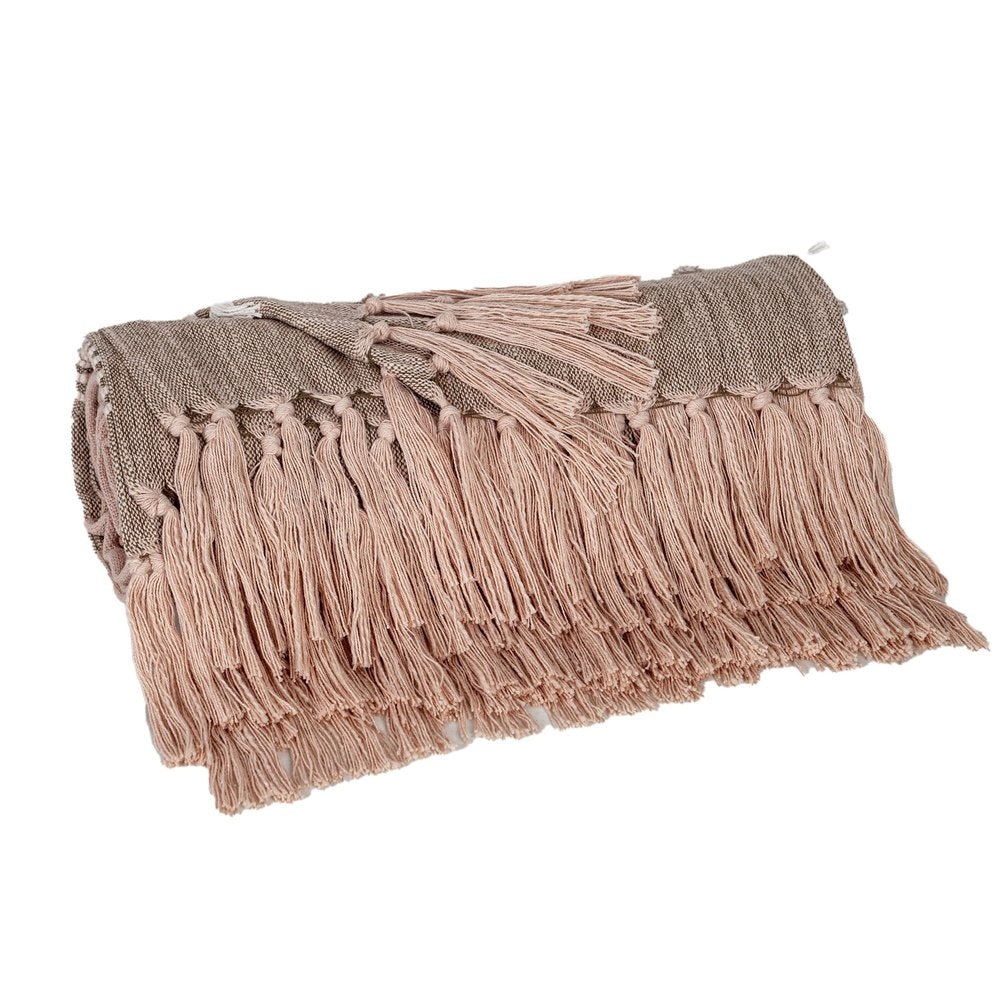 50" X 60" Brown and Tan Woven Cotton Striped Throw Blanket with Fringe and Embroidery HomeRoots