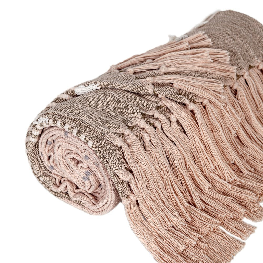 50" X 60" Brown and Tan Woven Cotton Striped Throw Blanket with Fringe and Embroidery HomeRoots