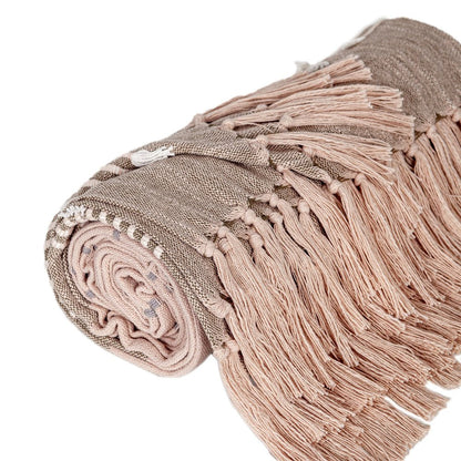 50" X 60" Brown and Tan Woven Cotton Striped Throw Blanket with Fringe and Embroidery HomeRoots