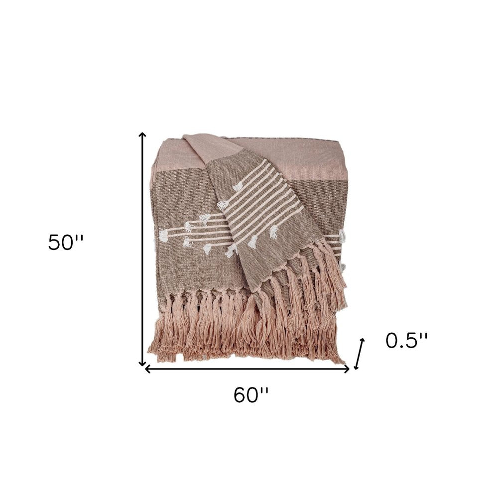 50" X 60" Brown and Tan Woven Cotton Striped Throw Blanket with Fringe and Embroidery HomeRoots