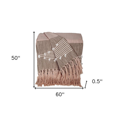 50" X 60" Brown and Tan Woven Cotton Striped Throw Blanket with Fringe and Embroidery HomeRoots