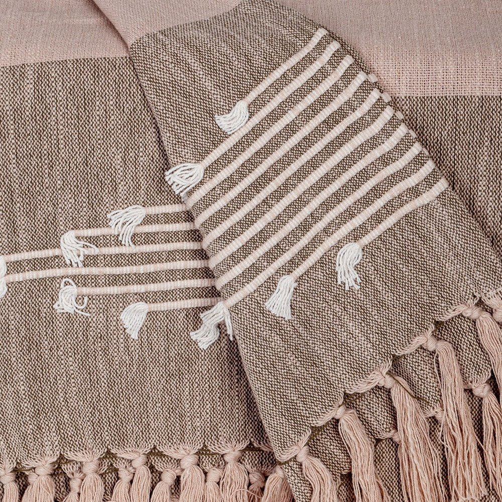 50" X 60" Brown and Tan Woven Cotton Striped Throw Blanket with Fringe and Embroidery HomeRoots