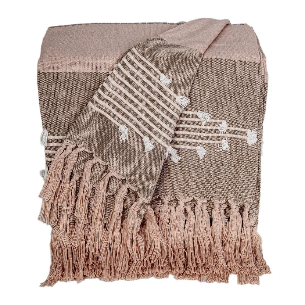 50" X 60" Brown and Tan Woven Cotton Striped Throw Blanket with Fringe and Embroidery HomeRoots