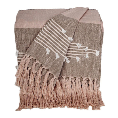 50" X 60" Brown and Tan Woven Cotton Striped Throw Blanket with Fringe and Embroidery HomeRoots