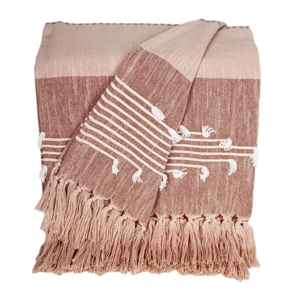 50" X 60" Gray and Rust Woven Cotton Striped Throw Blanket with Fringe, Embroidery HomeRoots