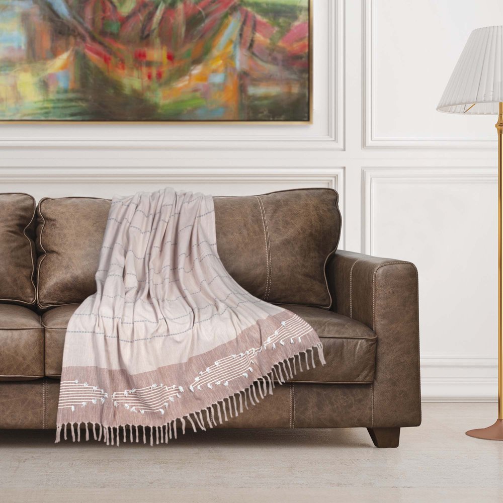 50" X 60" Gray and Rust Woven Cotton Striped Throw Blanket with Fringe, Embroidery HomeRoots