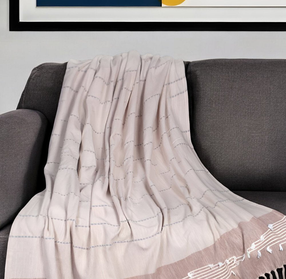 50" X 60" Gray and Rust Woven Cotton Striped Throw Blanket with Fringe, Embroidery HomeRoots