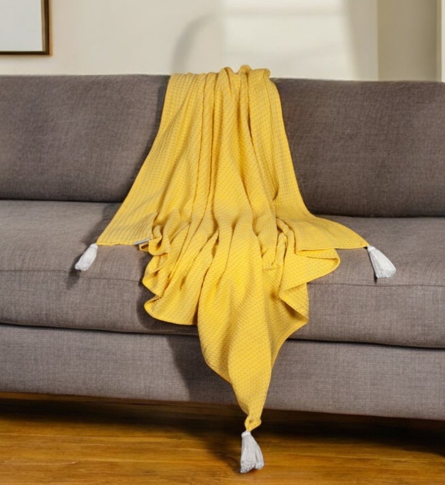 50" X 60" Yellow Woven Cotton Throw Blanket with Tassels HomeRoots
