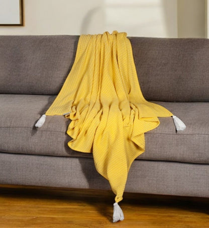 50" X 60" Yellow Woven Cotton Throw Blanket with Tassels HomeRoots