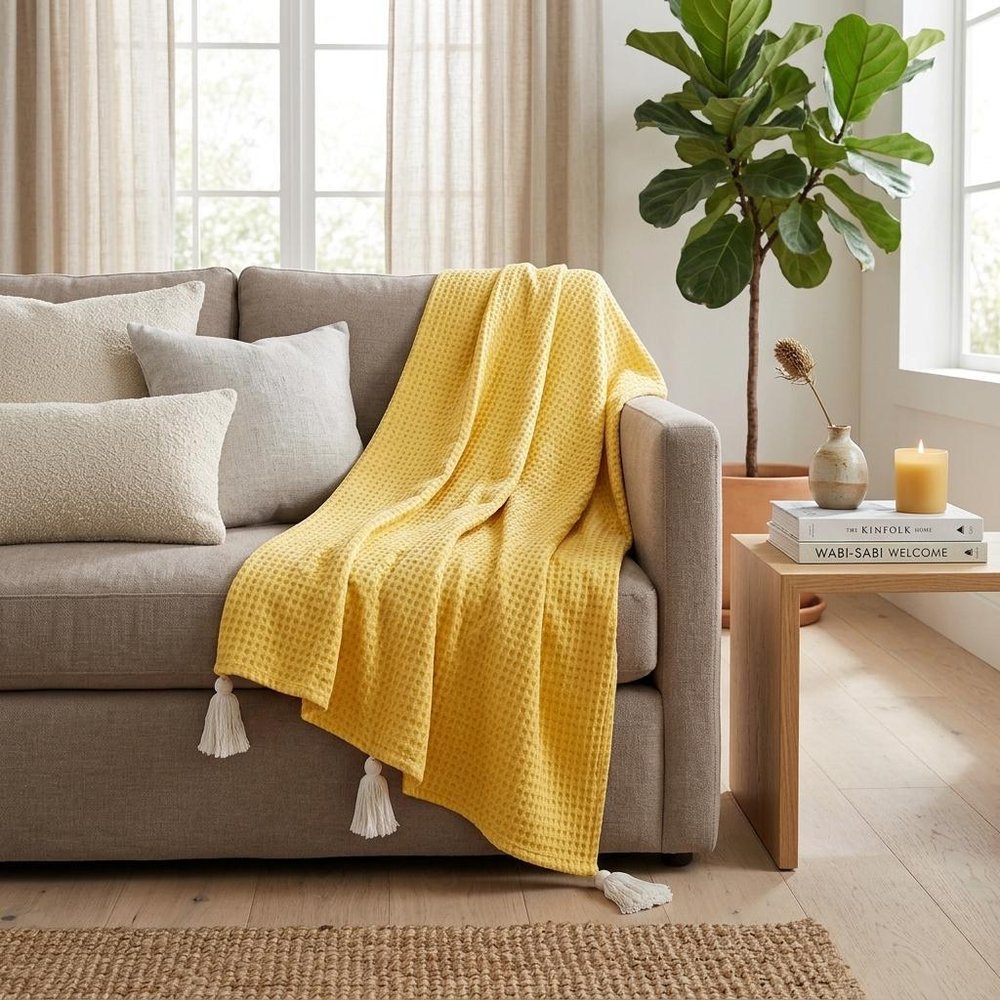 50" X 60" Yellow Woven Cotton Throw Blanket with Tassels HomeRoots