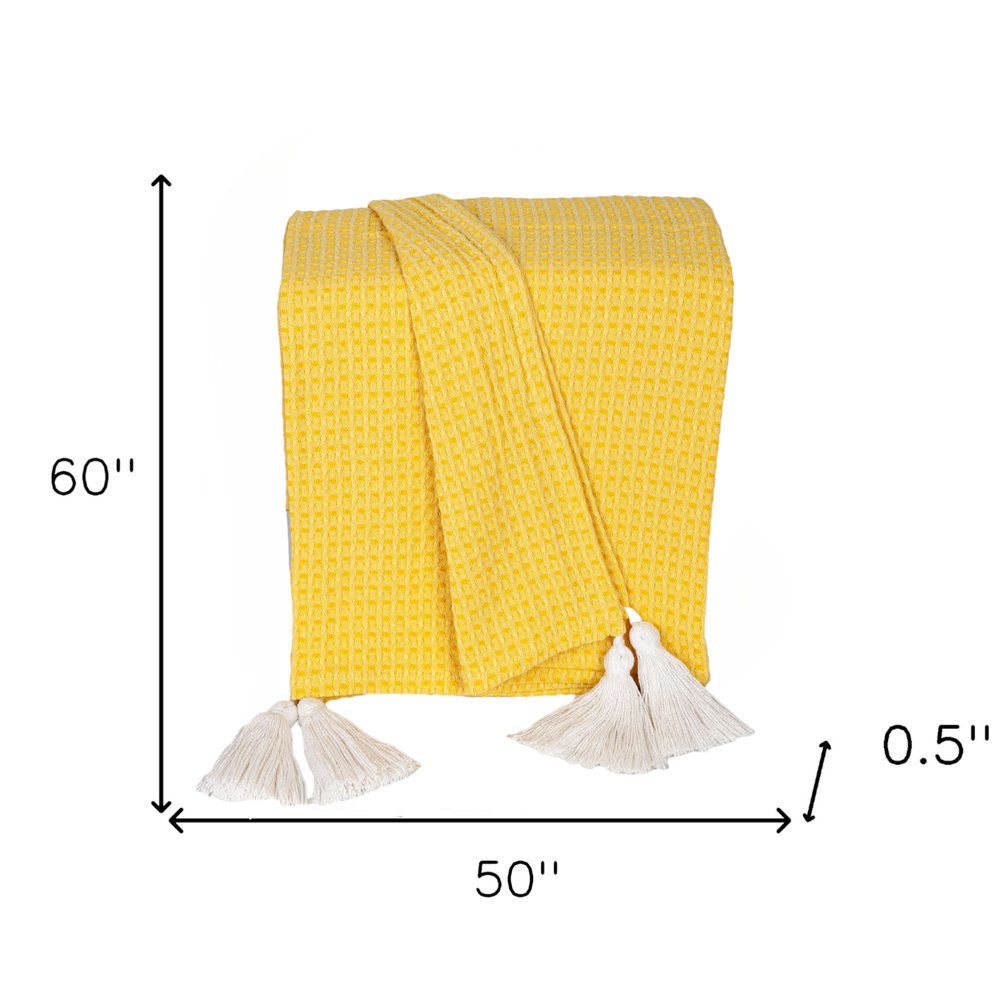 50" X 60" Yellow Woven Cotton Throw Blanket with Tassels HomeRoots