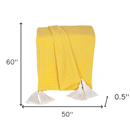 50" X 60" Yellow Woven Cotton Throw Blanket with Tassels HomeRoots