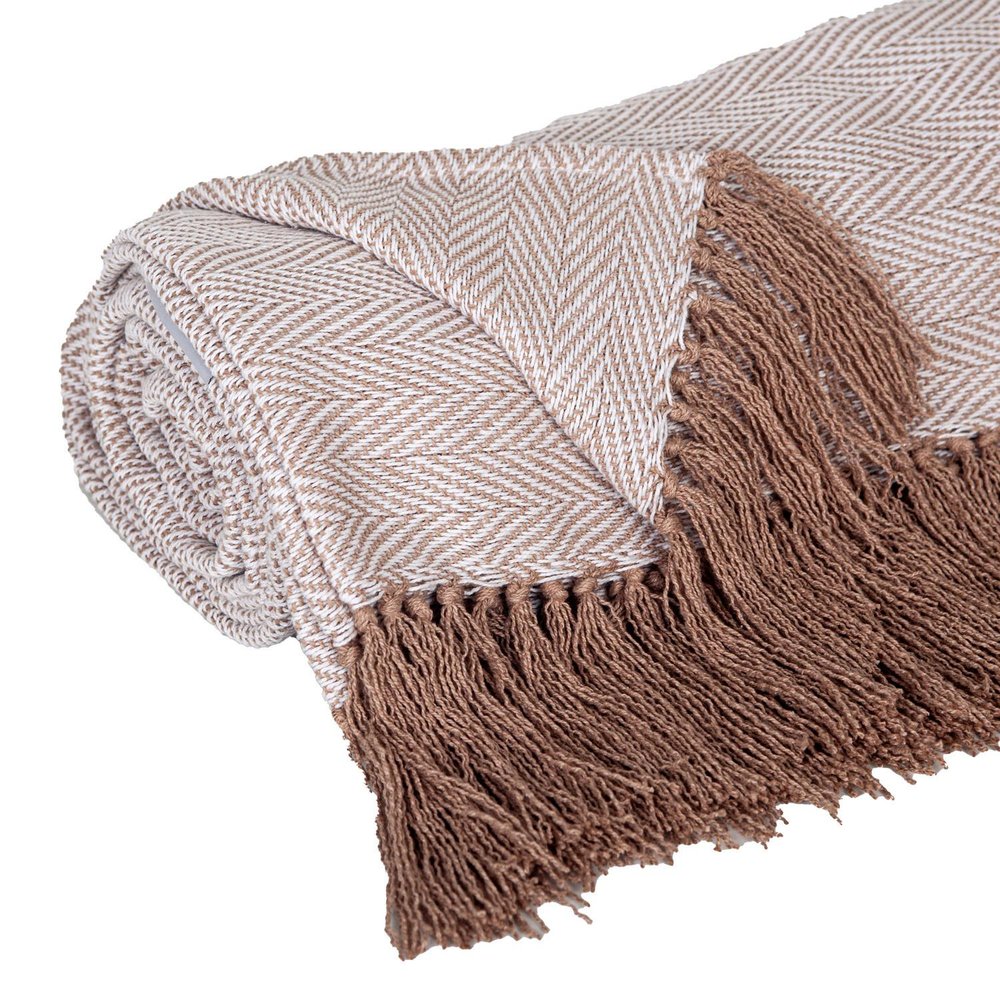 50" X 60" Beige and Brown Woven Cotton Herringbone Throw Blanket with Fringe HomeRoots