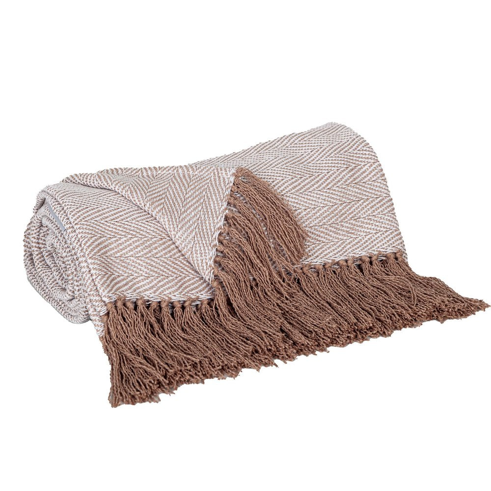 50" X 60" Beige and Brown Woven Cotton Herringbone Throw Blanket with Fringe HomeRoots