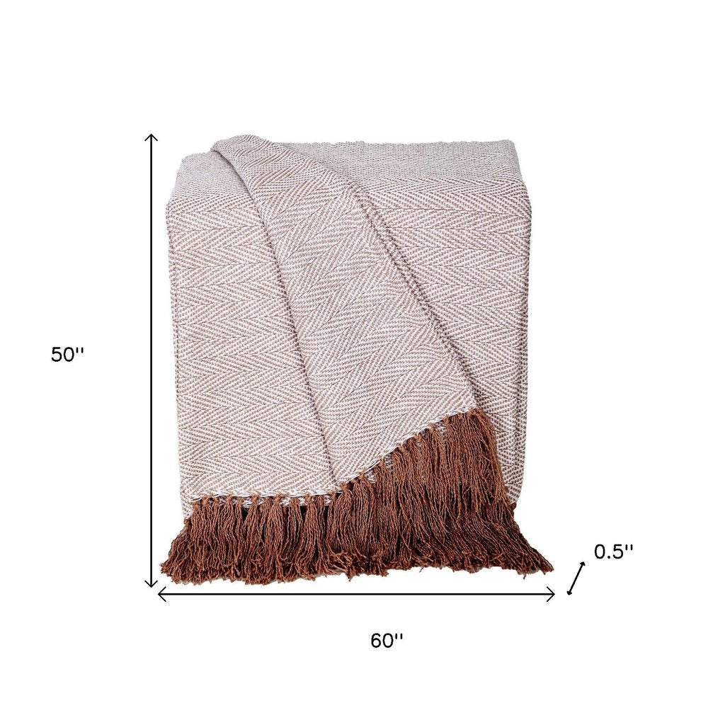 50" X 60" Beige and Brown Woven Cotton Herringbone Throw Blanket with Fringe HomeRoots