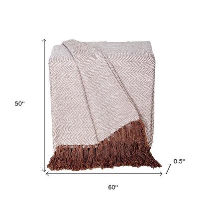 50" X 60" Beige and Brown Woven Cotton Herringbone Throw Blanket with Fringe HomeRoots
