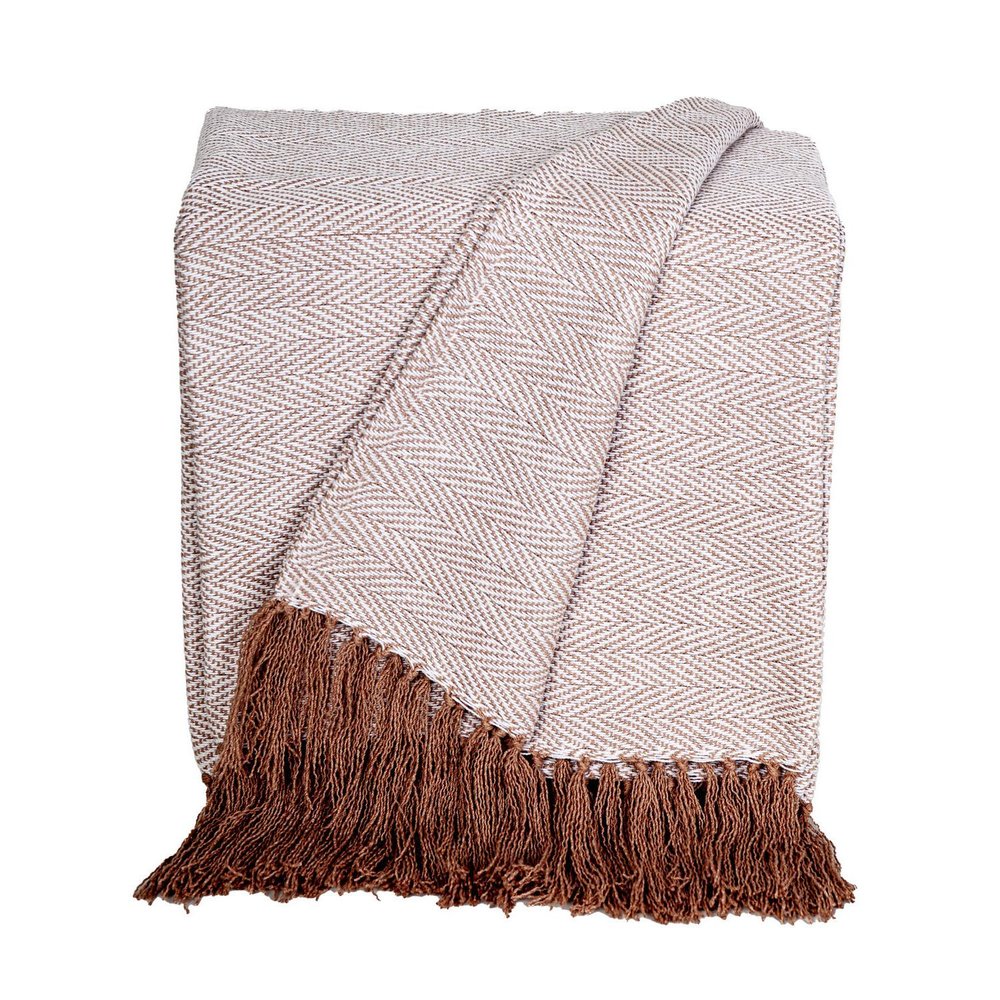 50" X 60" Beige and Brown Woven Cotton Herringbone Throw Blanket with Fringe HomeRoots