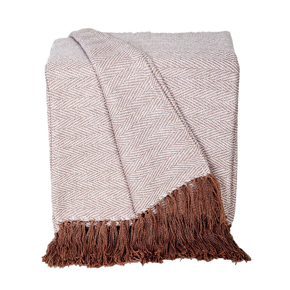 50" X 60" Beige and Brown Woven Cotton Herringbone Throw Blanket with Fringe HomeRoots