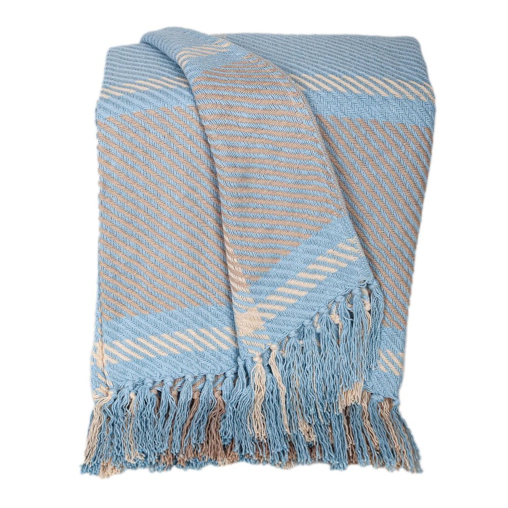 50" X 60" Blue Gray and Beige Woven Cotton Plaid Throw Blanket with Fringe HomeRoots