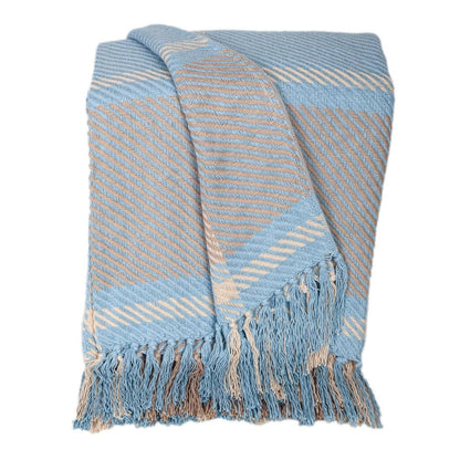 50" X 60" Blue Gray and Beige Woven Cotton Plaid Throw Blanket with Fringe HomeRoots