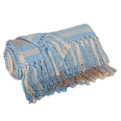 50" X 60" Blue Gray and Beige Woven Cotton Plaid Throw Blanket with Fringe HomeRoots