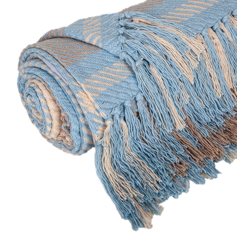 50" X 60" Blue Gray and Beige Woven Cotton Plaid Throw Blanket with Fringe HomeRoots